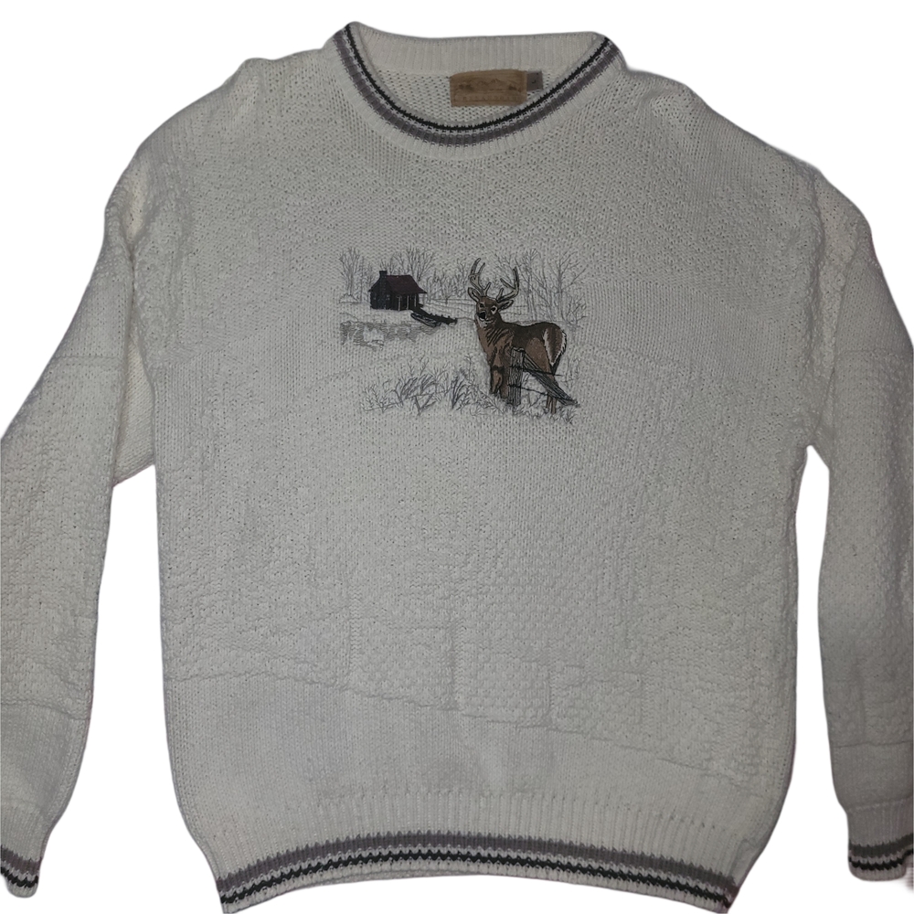 Vintage 90's Shenandoah Men's White Sweater with Deer Scene Size L
